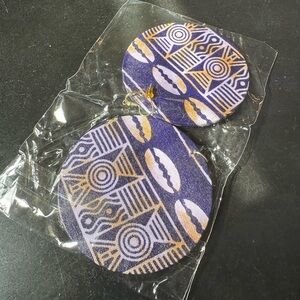 Ankara Print African Dangle Earring Purple Gold Circle Handmade Pierced